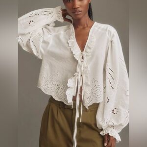 ANTHROPOLOGIE- long sleeve eyelet poplin tie front top
